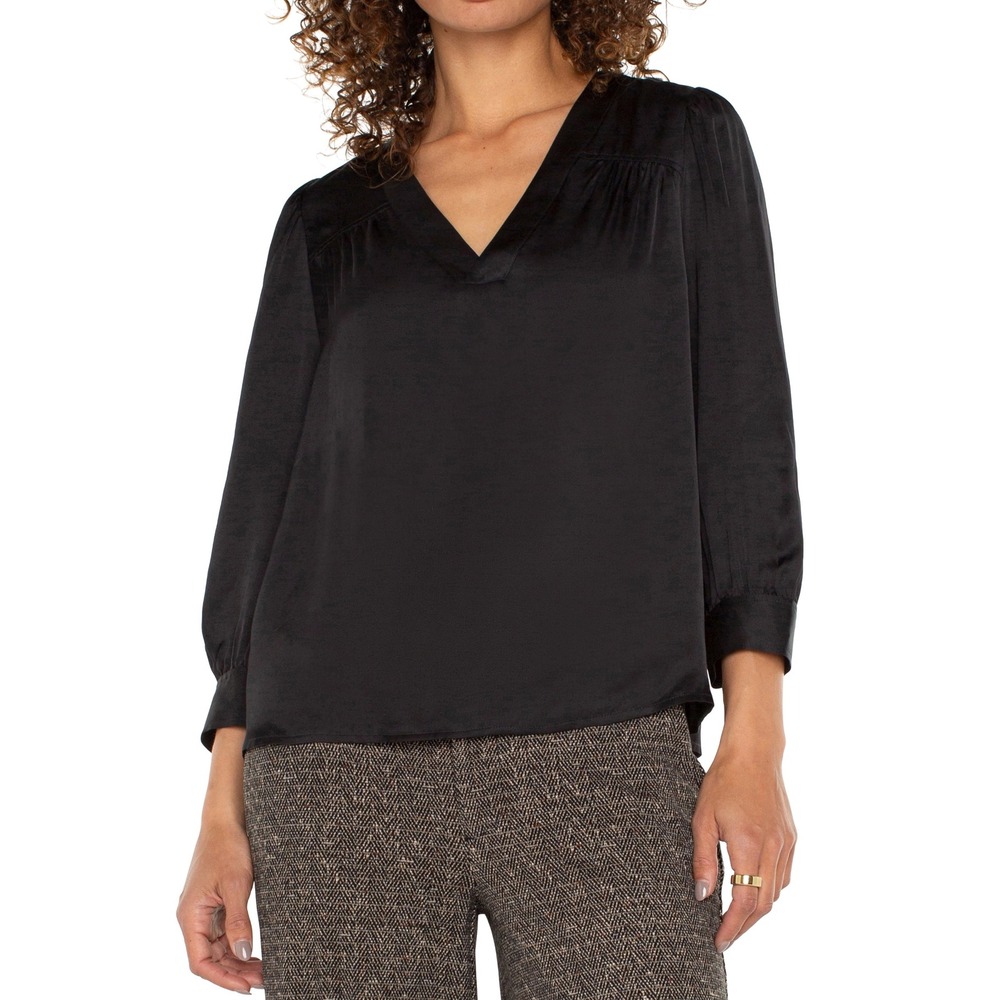 Liverpool Los Angeles Black V Neck Pleated Sleeve Blouse Top Women's XS